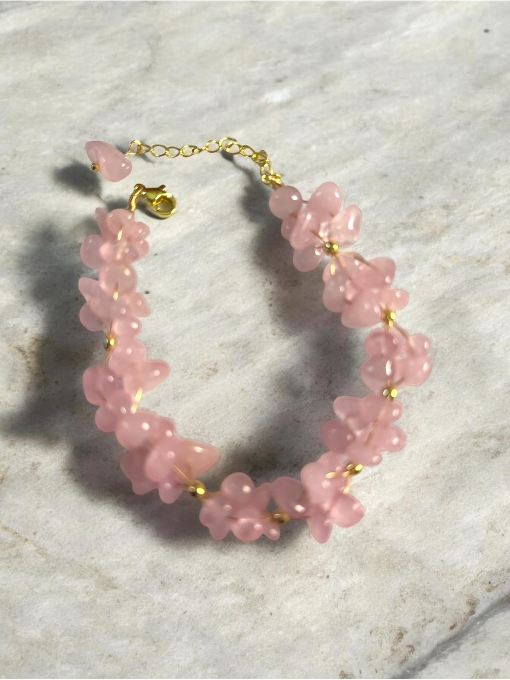 Gold Chain Bracelet with Pink Rose Quartz Chips